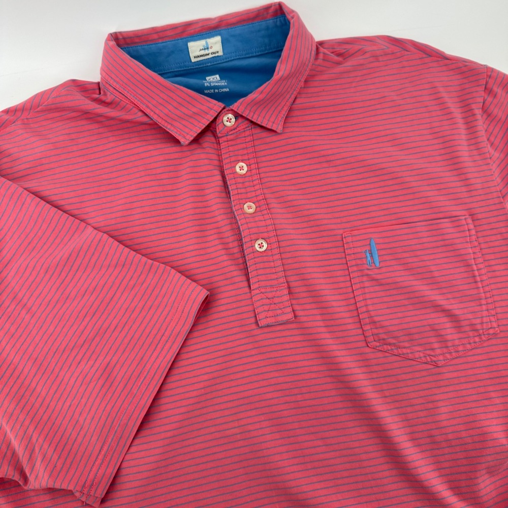 Johnnie-O Hangin Out Mens XXL Pink Blue Striped Cotton Spandex Pocket Polo Shirt